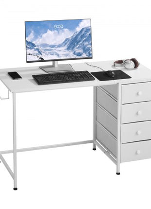 Computer Desk with Fabric Drawers, 47 Inch Reversible Study Work Writing Desk for Modern Home Office Bedroom, Simple Modern Cute PC Table Metal Frame Business Furniture, White