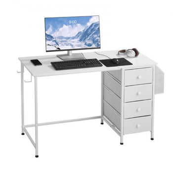 Computer Desk with Fabric Drawers, 47 Inch Reversible Study Work Writing Desk for Modern Home Office Bedroom, Simple Modern Cute PC Table Metal Frame Business Furniture, White