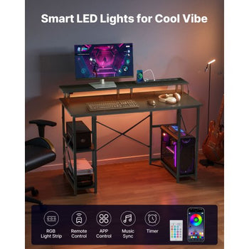 47" Gaming Desk with LED Lights & Power Outlets, Computer Desk with Monitor Stand & 2-Tier Storage Sheves,  Study Work for Home Office, Black