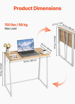 Folding Desk, 31.5" Foldable Table for Small Spaces with Storage Hooks, Space Saving Computer Table, Writing Workstation for Home Office, Easy Assembly, Oak