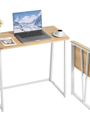 Folding Desk, 31.5" Foldable Table for Small Spaces with Storage Hooks, Space Saving Computer Table, Writing Workstation for Home Office, Easy Assembly, Oak