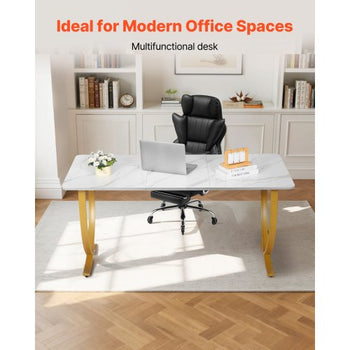 Executive Desk, 63" W x 31.5" D Large Office Desk, Modern Computer Table Conference Meeting Room Table, Business Furniture Enlarged Desktop for Home Office, White and Gold