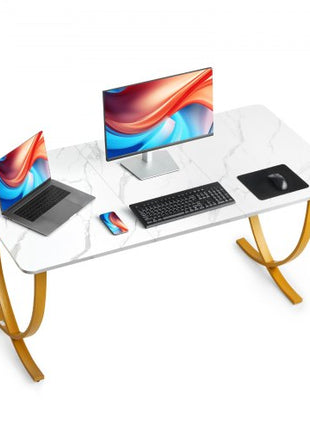 Executive Desk, 63" W x 31.5" D Large Office Desk, Modern Computer Table Conference Meeting Room Table, Business Furniture Enlarged Desktop for Home Office, White and Gold