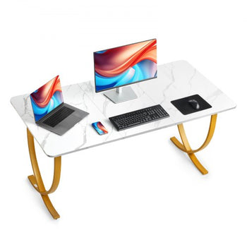 Executive Desk, 63" W x 31.5" D Large Office Desk, Modern Computer Table Conference Meeting Room Table, Business Furniture Enlarged Desktop for Home Office, White and Gold