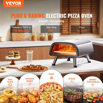 12" Electric Pizza Oven Countertop, Stainless Steel Pizza Maker Machine with Pizza Stone and Spatula, Heats up to 850°F, Multipurpose Indoor & Outdoor Pizza Cooker for Restaurant Home Camping