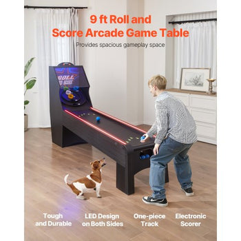 9' Roll and Score Classic Arcade Game Table,  with LED Electronic Scorer & Track Lighting, Sound, Automatic Ball Return, Adults Kids Home Recreation Game Room, 4 Balls Included