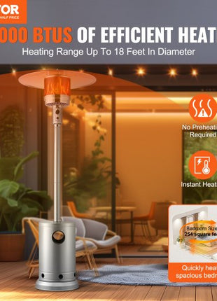 Patio Heater for Outdoor Use, 50000BTU Propane Heater Tall Hammered With Round Table Design, Metal Burner and Wheels, Fixed Outdoor Patio Flame Heater for Patio, Party, Backyard, Garden, Silver