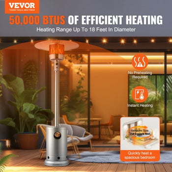 Patio Heater for Outdoor Use, 50000BTU Propane Heater Tall Hammered With Round Table Design, Metal Burner and Wheels, Fixed Outdoor Patio Flame Heater for Patio, Party, Backyard, Garden, Silver