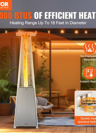 Patio Heater for Outdoor Use, 48000BTU Pyramid Propane Heater w/Wheels, Quartz Glass Tube Outdoor Patio Flame Heater for Patio, Party, Backyard, Garden, Decoration, Silver