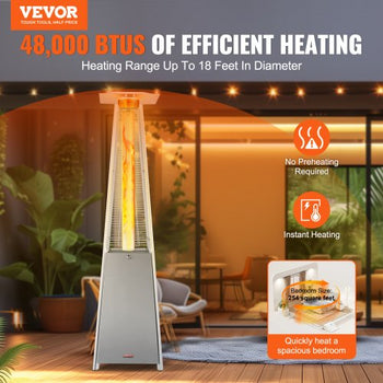 Patio Heater for Outdoor Use, 48000BTU Pyramid Propane Heater w/Wheels, Quartz Glass Tube Outdoor Patio Flame Heater for Patio, Party, Backyard, Garden, Decoration, Silver