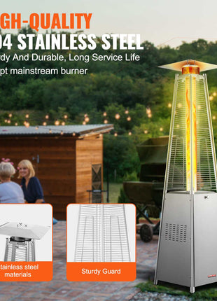 Patio Heater for Outdoor Use, 48000BTU Pyramid Propane Heater w/Wheels, Quartz Glass Tube Outdoor Patio Flame Heater for Patio, Party, Backyard, Garden, Decoration, Silver
