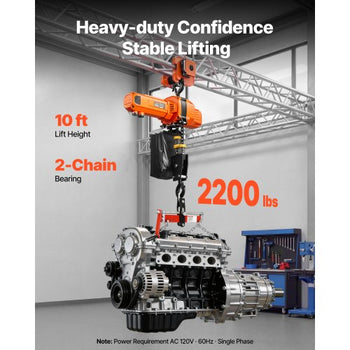 2200 lbs Electric Chain Hoist, 10 ft Lifting Height, 120V Single Phase Overhead Crane with 328 ft Wireless & 8 ft Wired Remote Control, Power Electric Hoist for Factories, Warehouses, Garages