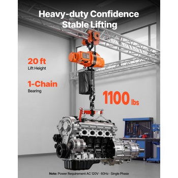1100 lbs Electric Chain Hoist, 20 ft Lifting Height, 120V Single Phase Overhead Crane with 328 ft Wireless & 15 ft Wired Remote Control, Power Electric Hoist for Factories, Warehouses, Garages
