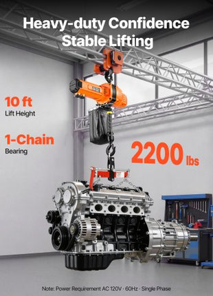 2200 lbs Electric Chain Hoist, 10 ft Lifting Height, 120V Single Phase Overhead Crane with 10 ft Wired Remote Control, G100 Chain Electric Lift Hoist for Factories, Warehouses, Garages
