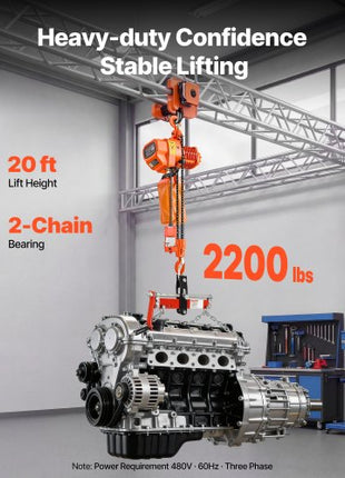 2200 lbs Electric Chain Hoist, 20 ft Lifting Height, Three-Phase Overhead Crane with 328 ft Wireless & 15 ft Wired Remote Control, Double G80 Chain Hoist for Factories, Warehouses, Garages