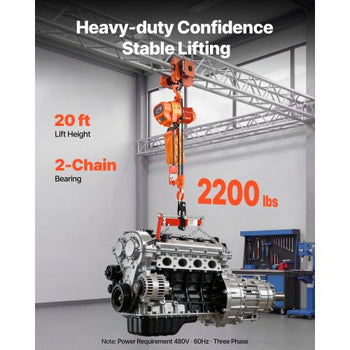 2200 lbs Electric Chain Hoist, 20 ft Lifting Height, Three-Phase Overhead Crane with 328 ft Wireless & 15 ft Wired Remote Control, Double G80 Chain Hoist for Factories, Warehouses, Garages