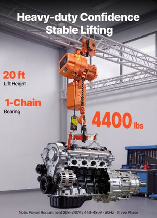 4400 lbs Electric Chain Hoist, 20 ft Lifting Height, Three-Phase Overhead Crane with 328 ft Wireless Remote Control, Single G100 Chain Electric Lift Hoist for Factories, Warehouses, Garages