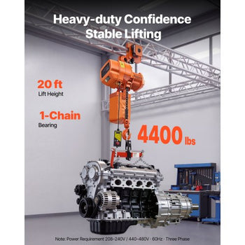 4400 lbs Electric Chain Hoist, 20 ft Lifting Height, Three-Phase Overhead Crane with 328 ft Wireless Remote Control, Single G100 Chain Electric Lift Hoist for Factories, Warehouses, Garages