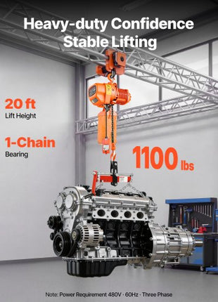 1100 lbs Electric Chain Hoist, 20 ft Lifting Height, Three-Phase Overhead Crane with 328 ft Wireless & 15 ft Wired Remote Control, Single G80 Chain Hoist for Factories, Warehouses, Garages