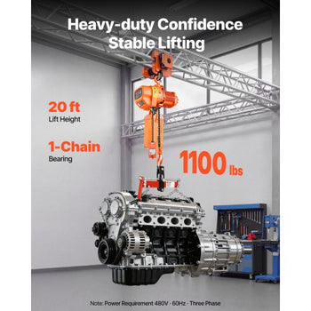 1100 lbs Electric Chain Hoist, 20 ft Lifting Height, Three-Phase Overhead Crane with 328 ft Wireless & 15 ft Wired Remote Control, Single G80 Chain Hoist for Factories, Warehouses, Garages