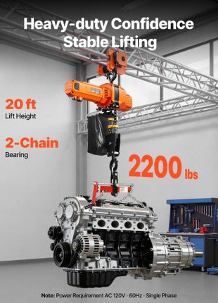 2200 lbs Electric Chain Hoist, 20 ft Lifting Height, 120V Single Phase Overhead Crane with 15 ft Wired Remote Control, G100 Chain Electric Lift Hoist for Factories, Warehouses, Garages