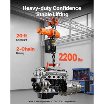 2200 lbs Electric Chain Hoist, 20 ft Lifting Height, 120V Single Phase Overhead Crane with 15 ft Wired Remote Control, G100 Chain Electric Lift Hoist for Factories, Warehouses, Garages