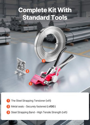 Steel Banding Strapping Kit, Heavy Duty Banding Sealer Tool with 100 ft Binding Straps, 100 Metal Clasps, Manual Pallet Packaging Strapping Kit for Warehouse, Transportation, Industrial Bundling
