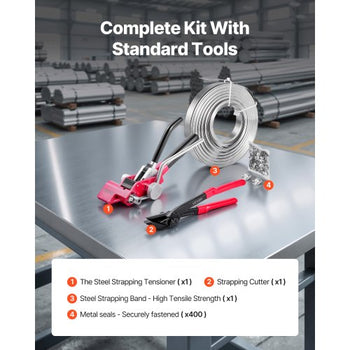 Steel Banding Strapping Kit, Heavy Duty Banding Sealer Tool with 400 ft Binding Straps, 400 Metal Clasps, Manual Pallet Packaging Strapping Kit for Warehouse, Transportation, Industrial Bundling