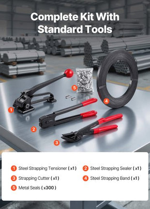 Steel Banding Strapping Kit, Heavy Duty Banding Sealer Tool with 600 ft Binding Straps, 300 Metal Seals, Manual Pallet Packaging Strapping Kit for Warehouse, Transportation, Industrial Bundling