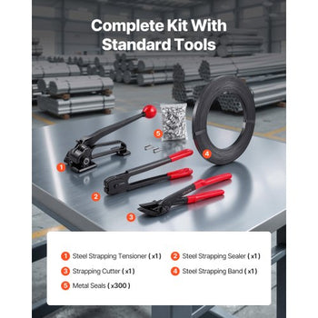 Steel Banding Strapping Kit, Heavy Duty Banding Sealer Tool with 600 ft Binding Straps, 300 Metal Seals, Manual Pallet Packaging Strapping Kit for Warehouse, Transportation, Industrial Bundling