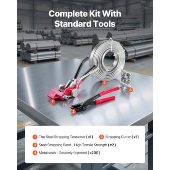 Steel Banding Strapping Kit, Heavy Duty Banding Sealer Tool with 200 ft Binding Straps, 200 Metal Clasps, Manual Pallet Packaging Strapping Kit for Warehouse, Transportation, Industrial Bundling