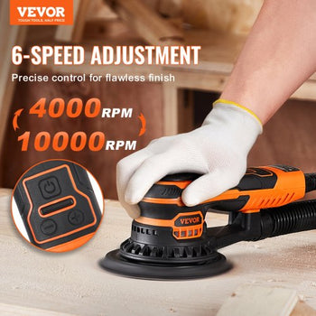 Random Orbital Sander 6-Inch, 350W Brushless Orbital Sander, 10,000 PRM 6 Variable Speed Electric Palm Sander with 10PCS Sandpapers, Dust Connector & Hose for Woodworking Detailing Sanding