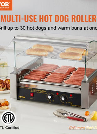 Hot Dog Roller, 11 Rollers 30 Hot Dogs Capacity, 1650W Stainless Sausage Grill Cooker Machine with Dual Temp Control Glass Hood Acrylic Cover Bun Warmer Shelf Removable Drip Tray, ETL Certified