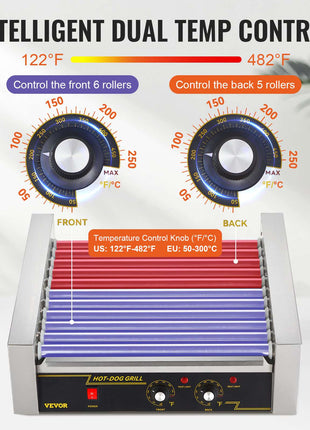 Vevor hot dog grill with dual temperature control knobs, sleek stainless steel design, red grill rollers.