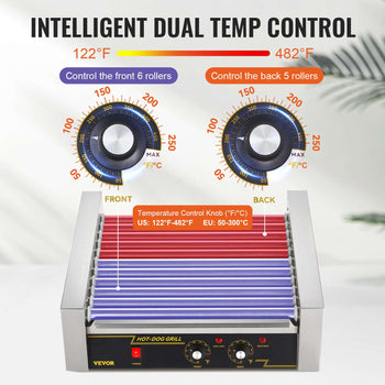 Vevor hot dog grill with dual temperature control knobs, sleek stainless steel design, red grill rollers.