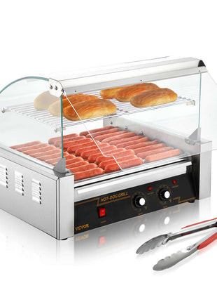 Stainless steel hot dog grill with clear lid, featuring 18 hot dogs and 8 buns, ideal for outdoor cooking.
