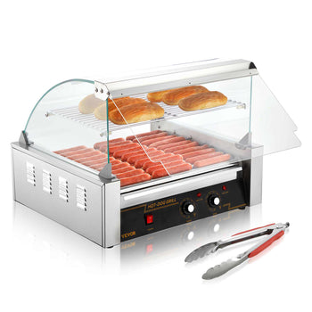 Stainless steel hot dog grill with clear lid, featuring 18 hot dogs and 8 buns, ideal for outdoor cooking.