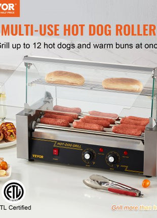 Hot Dog Roller 5 Rollers 12 Hot Dogs Capacity, 750W Stainless Sausage Grill Cooker Machine with Dual Temp Control Glass Hood Acrylic Cover Bun Warmer Shelf Removable Oil Drip Tray ETL Certified