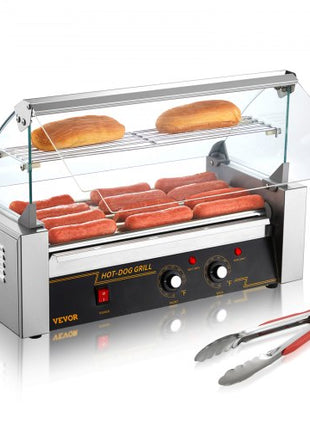 Hot Dog Roller 5 Rollers 12 Hot Dogs Capacity, 750W Stainless Sausage Grill Cooker Machine with Dual Temp Control Glass Hood Acrylic Cover Bun Warmer Shelf Removable Oil Drip Tray ETL Certified