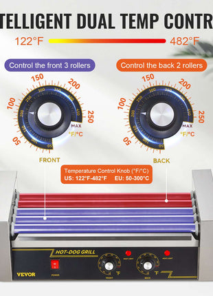 Intelligent dual temp control hot dog grill with red and blue rollers, stainless steel design, temperature range 122°F-482°F.