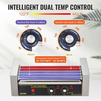 Intelligent dual temp control hot dog grill with red and blue rollers, stainless steel design, temperature range 122°F-482°F.