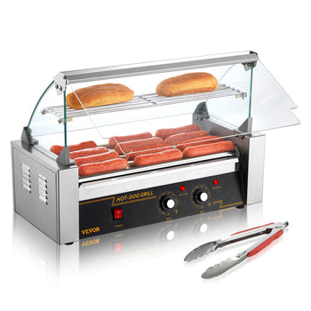 Stainless steel hot dog grill with glass cover, red control knobs, cooking six hot dogs and buns. Includes tongs.