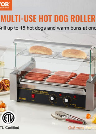 Hot Dog Roller 7 Rollers 18 Hot Dogs Capacity 1050W Stainless Sausage Grill Cooker Machine with Dual Temp Control Glass Hood Acrylic Cover Bun Warmer Shelf Removable Oil Drip Tray, ETL Certified