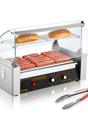 Hot Dog Roller 7 Rollers 18 Hot Dogs Capacity 1050W Stainless Sausage Grill Cooker Machine with Dual Temp Control Glass Hood Acrylic Cover Bun Warmer Shelf Removable Oil Drip Tray, ETL Certified