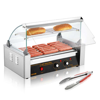 Stainless steel hot dog grill with glass cover, featuring 8 hot dogs, 2 buns, and red tongs. Perfect for outdoor grilling.