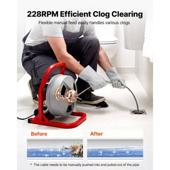 Drain Cleaner Machine 50 FT x 5/16 Inch, Sewer Snake Auger with 228RPM Electric Drill, Manual Feed Drain Cleaning Machine with 6 Cutters & Air-activated Foot Switch for 2" to 4" Pipes