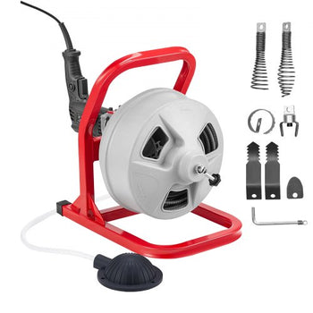 Drain Cleaner Machine 50 FT x 5/16 Inch, Sewer Snake Auger with 228RPM Electric Drill, Manual Feed Drain Cleaning Machine with 6 Cutters & Air-activated Foot Switch for 2" to 4" Pipes