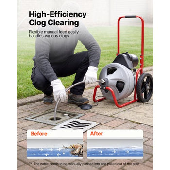 Drain Cleaner Machine 75 FT x 3/8 Inch, Sewer Snake Auger Manual Feed on Wheels, Portable Drain Cleaning Machine with 6 Cutters & Air-activated Foot Switch for 2" to 4" Pipes