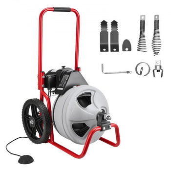 Drain Cleaner Machine 75 FT x 3/8 Inch, Sewer Snake Auger Manual Feed on Wheels, Portable Drain Cleaning Machine with 6 Cutters & Air-activated Foot Switch for 2" to 4" Pipes