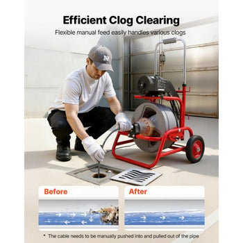 Drain Cleaner Machine 75 FT x 3/8 Inch, Sewer Snake Auger on Wheels, Manual Feed Drain Cleaning Machine with Adjustable Drum Angle, 6 Cutters & Air-activated Foot Switch for 2" to 4" Pipes